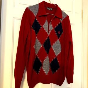 Sabri Ozel Mens Argyle Wool Sweater Collared Medium Burgundy Navy Gray Ribbed